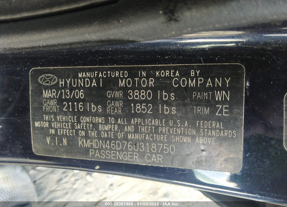 2006 HYUNDAI ELANTRA VIN: KMHDN46D76U318750