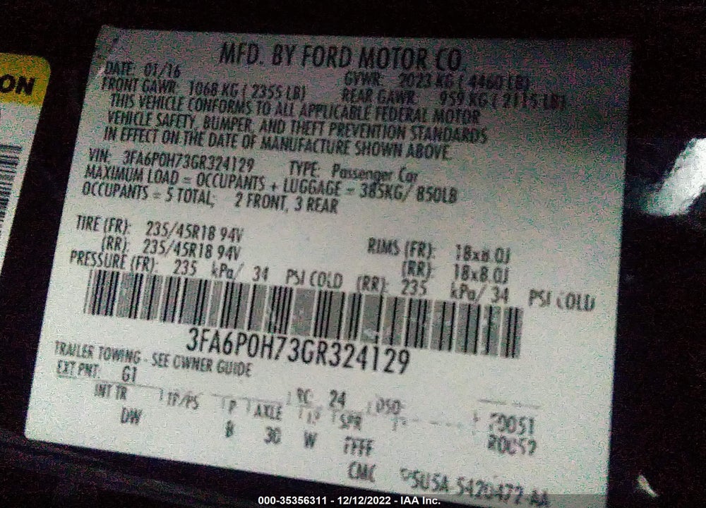 2016 FORD FUSION SE VIN: 3FA6P0H73GR324129