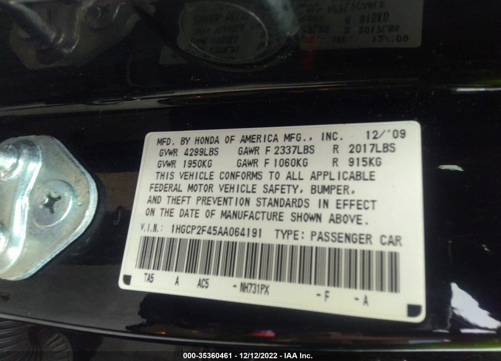 2010 HONDA ACCORD 2.4 LX-P VIN: 1HGCP2F45AA064191