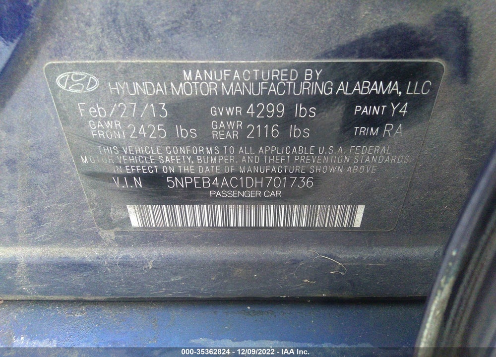 2013 HYUNDAI SONATA GLS VIN: 5NPEB4AC1DH701736