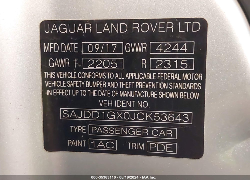 2018 JAGUAR F-TYPE 296HP VIN: SAJDD1GX0JCK53643