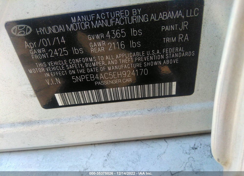 2014 HYUNDAI SONATA GLS VIN: 5NPEB4AC5EH924170