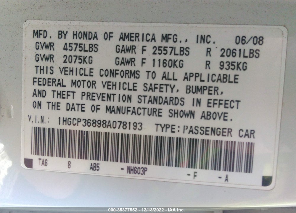 2008 HONDA ACCORD 3.5 EX-L VIN: 1HGCP36898A078193
