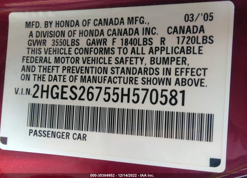 2005 HONDA CIVIC EX VIN: 2HGES26755H570581