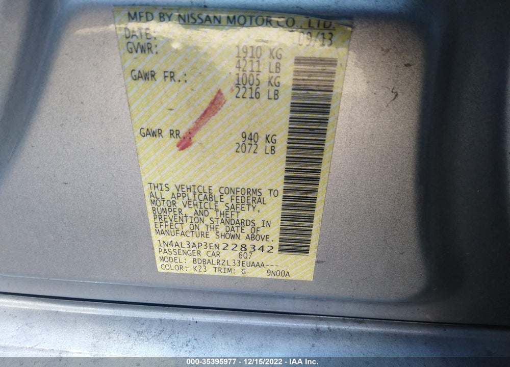 2014 NISSAN ALTIMA 2.5 S VIN: 1N4AL3AP3EN228342