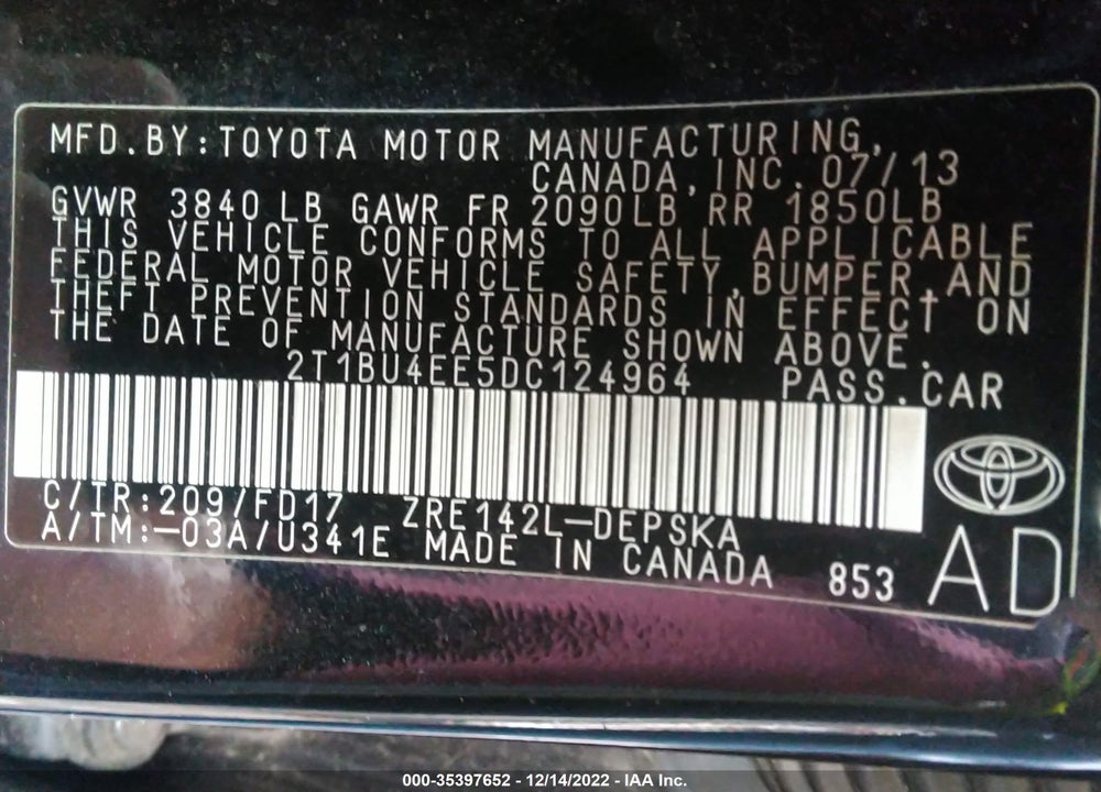 2013 TOYOTA COROLLA S VIN: 2T1BU4EE5DC124964