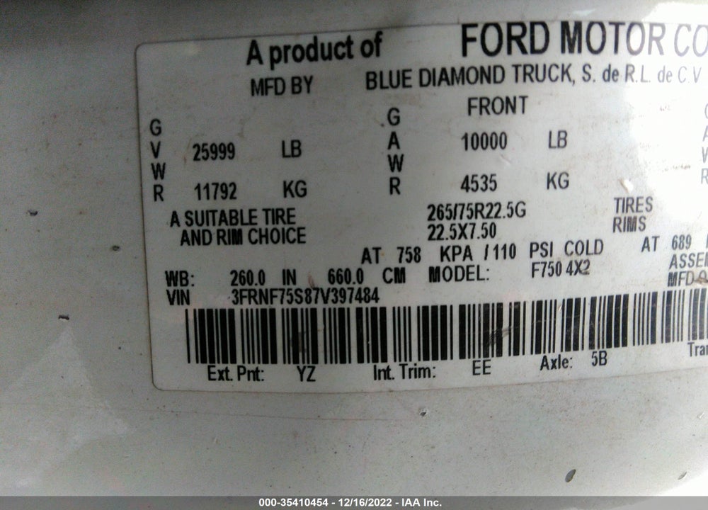 2007 FORD F-750 XLT/XL VIN: 3FRNF75S87V397484