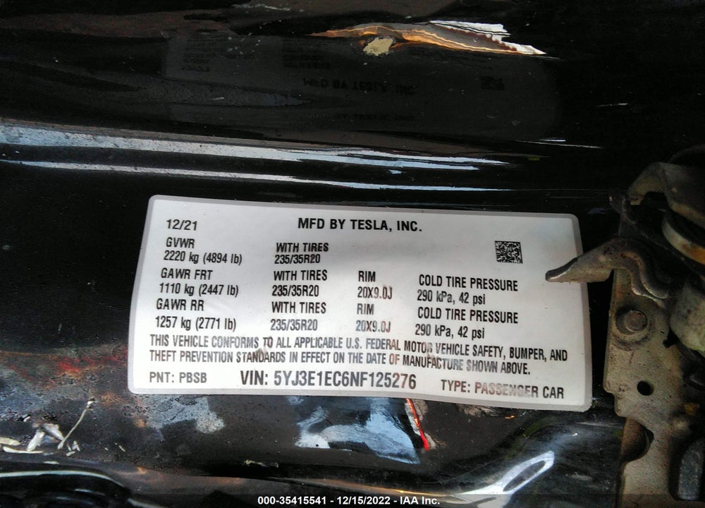 2022 TESLA MODEL 3 PERFORMANCE DUAL MOTOR ALL-WHEEL DRIVE VIN: 5YJ3E1EC6NF125276