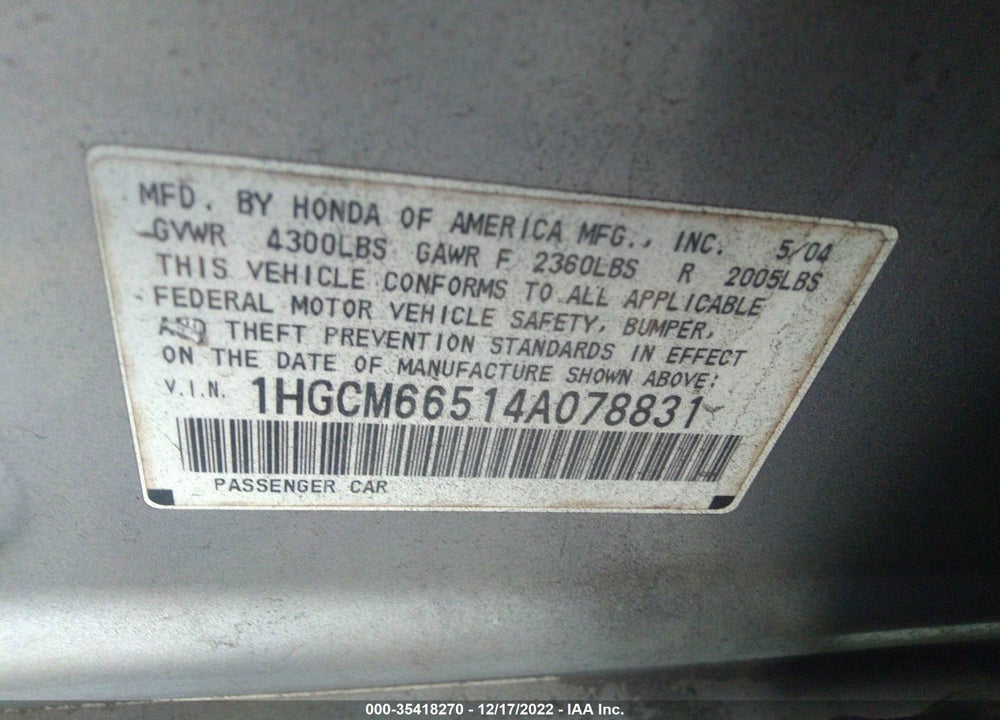 2004 HONDA ACCORD 3.0 EX VIN: 1HGCM66514A078831