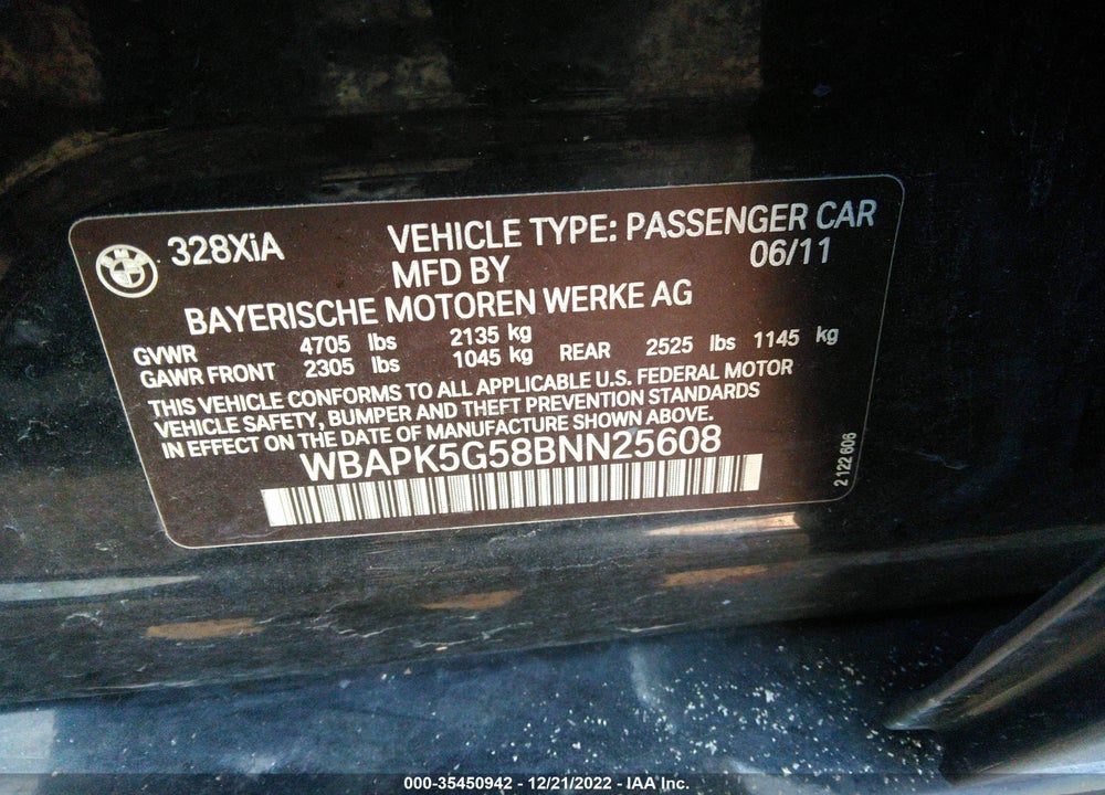 2011 BMW 328I XDRIVE VIN: WBAPK5G58BNN25608