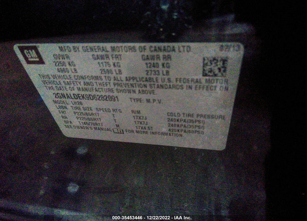 2013 CHEVROLET EQUINOX 1LT VIN: 2GNALDEK9D6282091