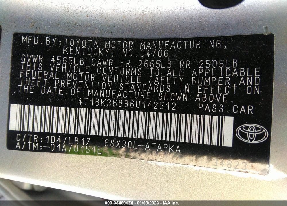 2006 TOYOTA AVALON VIN: 4T1BK36B86U142512