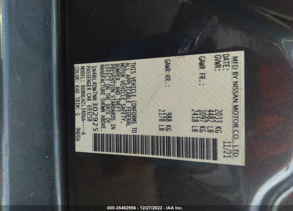 2022 NISSAN ALTIMA SV INTELLIGENT AWD VIN: 1N4BL4DW7NN302925