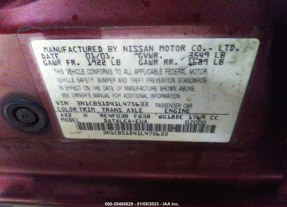 2001 NISSAN SENTRA GXE VIN: 3N1CB51D41L475633