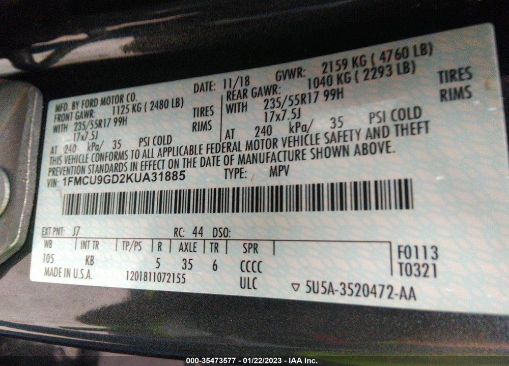 2019 FORD ESCAPE SE VIN: 1FMCU9GD2KUA31885