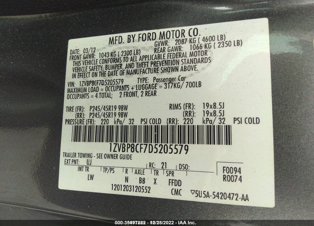 2013 FORD MUSTANG GT PREMIUM VIN: 1ZVBP8CF7D5205579