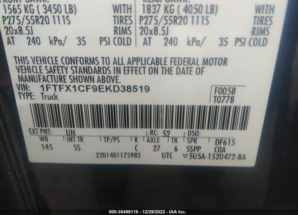 2014 FORD F-150 STX VIN: 1FTFX1CF9EKD38519