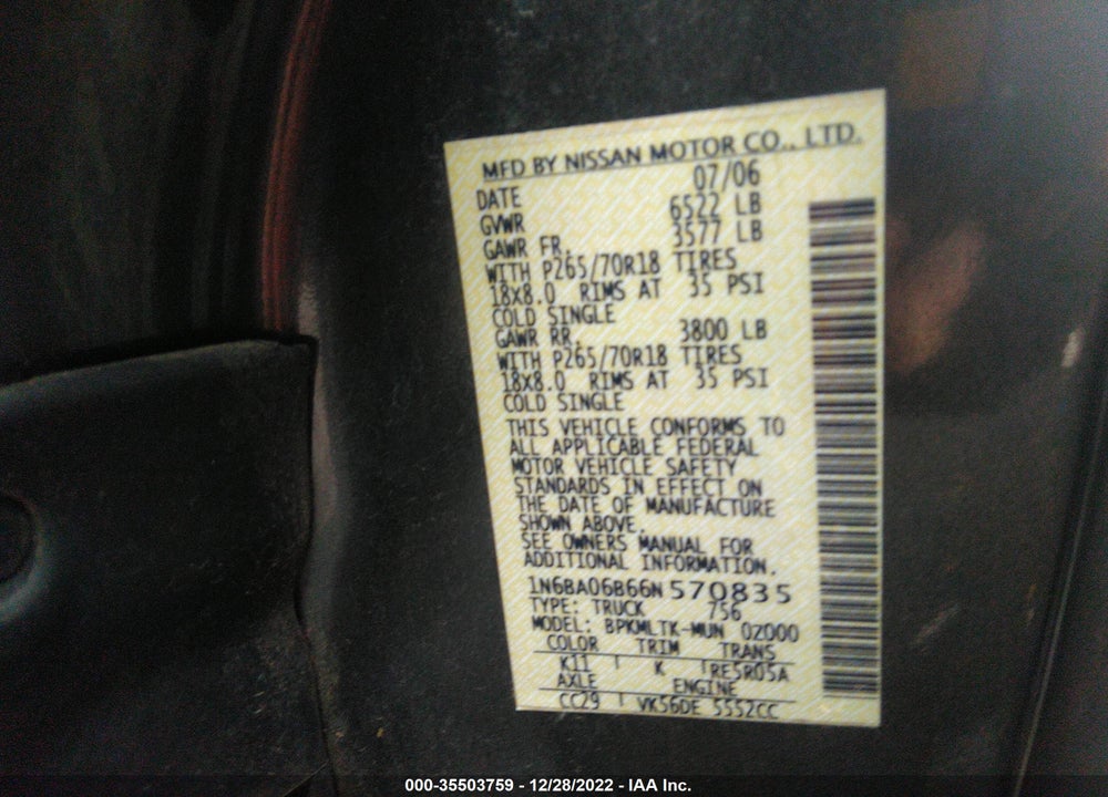 2006 NISSAN TITAN SE VIN: 1N6BA06B66N570835