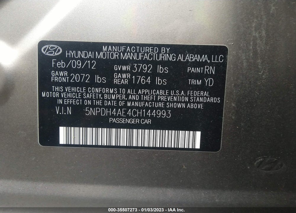 2012 HYUNDAI ELANTRA LIMITED VIN: 5NPDH4AE4CH144993