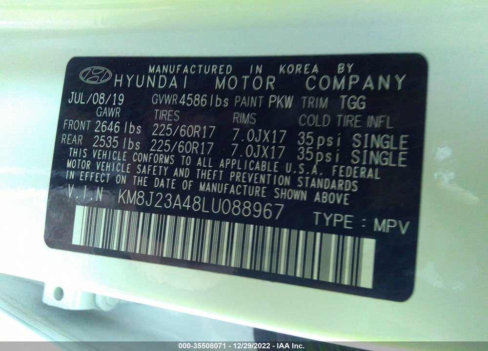 2020 HYUNDAI TUCSON SE VIN: KM8J23A48LU088967