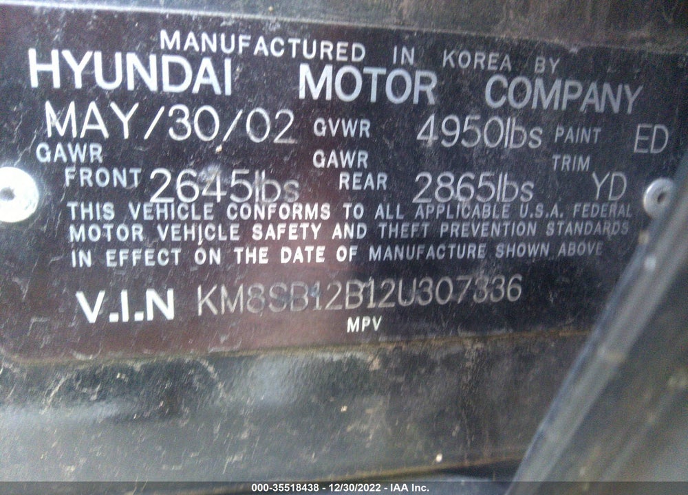 2002 HYUNDAI SANTA FE VIN: KM8SB12B12U307336