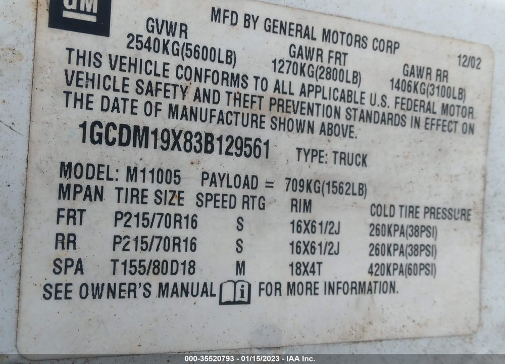 2003 CHEVROLET ASTRO VIN: 1GCDM19X83B129561