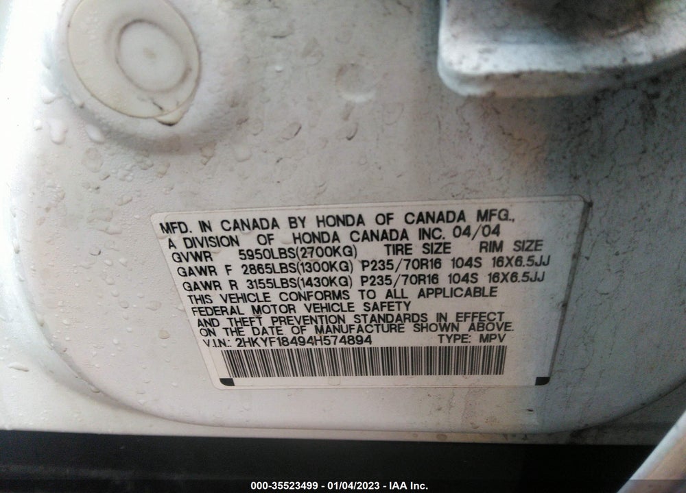 2004 HONDA PILOT EX VIN: 2HKYF18494H574894