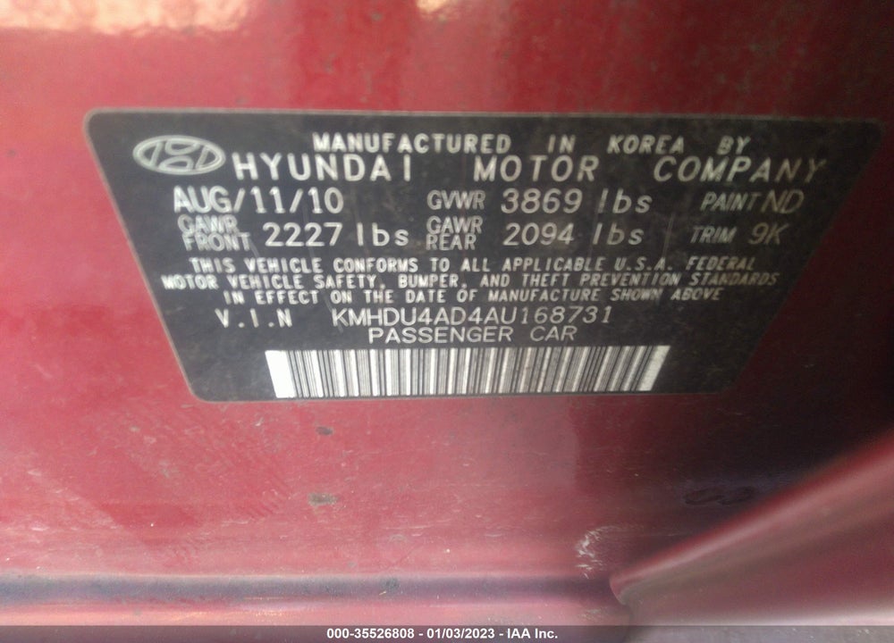 2010 HYUNDAI ELANTRA GLS VIN: KMHDU4AD4AU168731