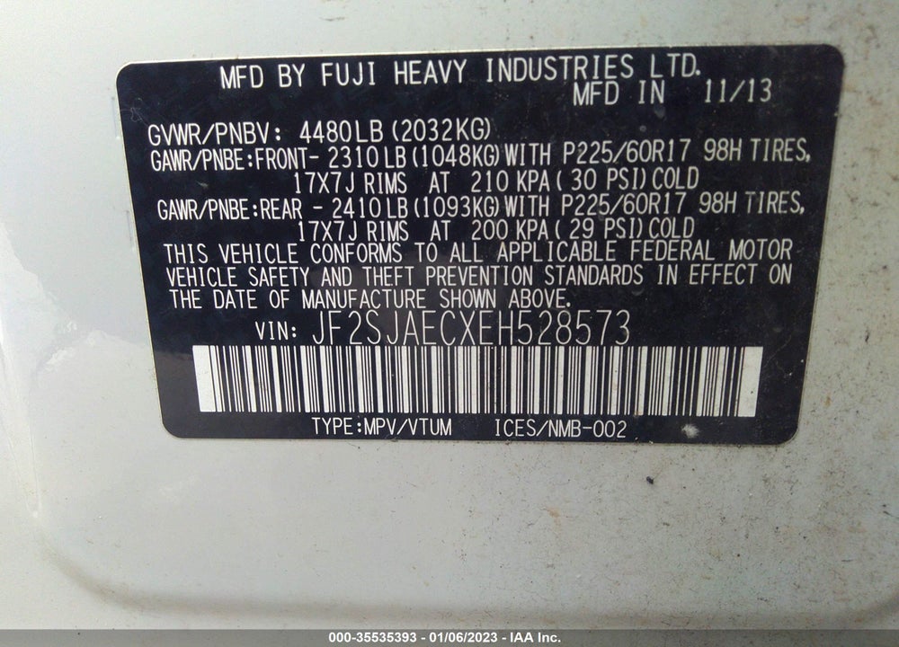 2014 SUBARU FORESTER VIN: JF2SJAECXEH528573
