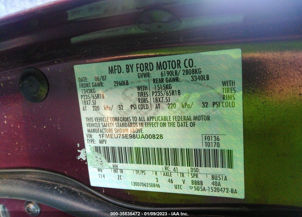 2008 FORD EXPLORER LIMITED VIN: 1FMEU75E98UA00828