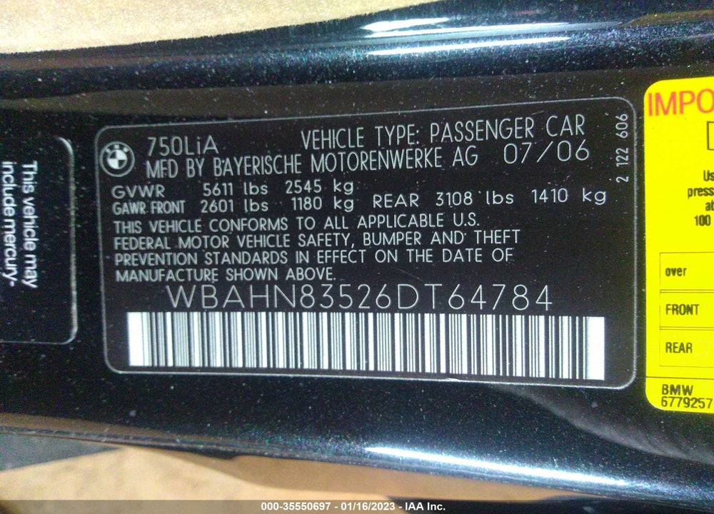 2006 BMW 7 SERIES VIN: WBAHN83526DT64784