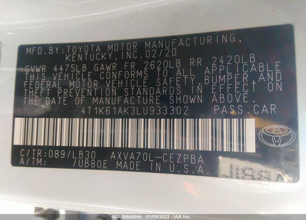 2020 TOYOTA CAMRY XSE VIN: 4T1K61AK3LU933302