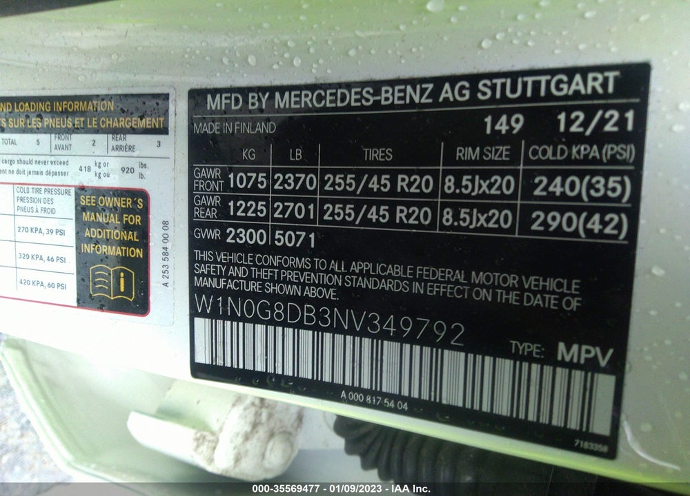 2022 MERCEDES-BENZ GLC 300 SUV VIN: W1N0G8DB3NV349792