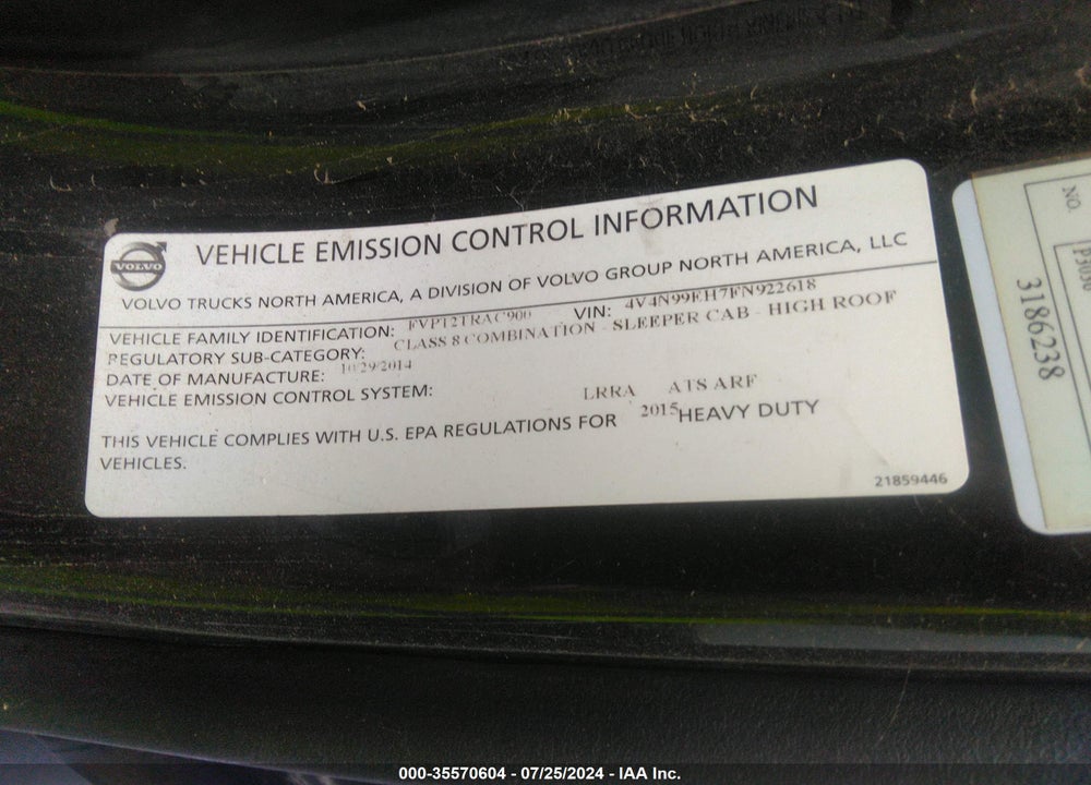 2015 VOLVO VN VNL VIN: 4V4N99EH7FN922618