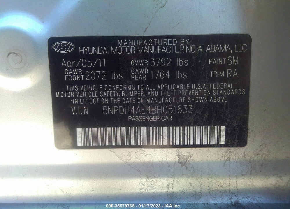 2011 HYUNDAI ELANTRA LIMITED VIN: 5NPDH4AE4BH051633