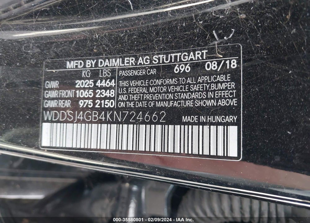 2019 MERCEDES-BENZ CLA-CLASS VIN: WDDSJ4GB4KN724662