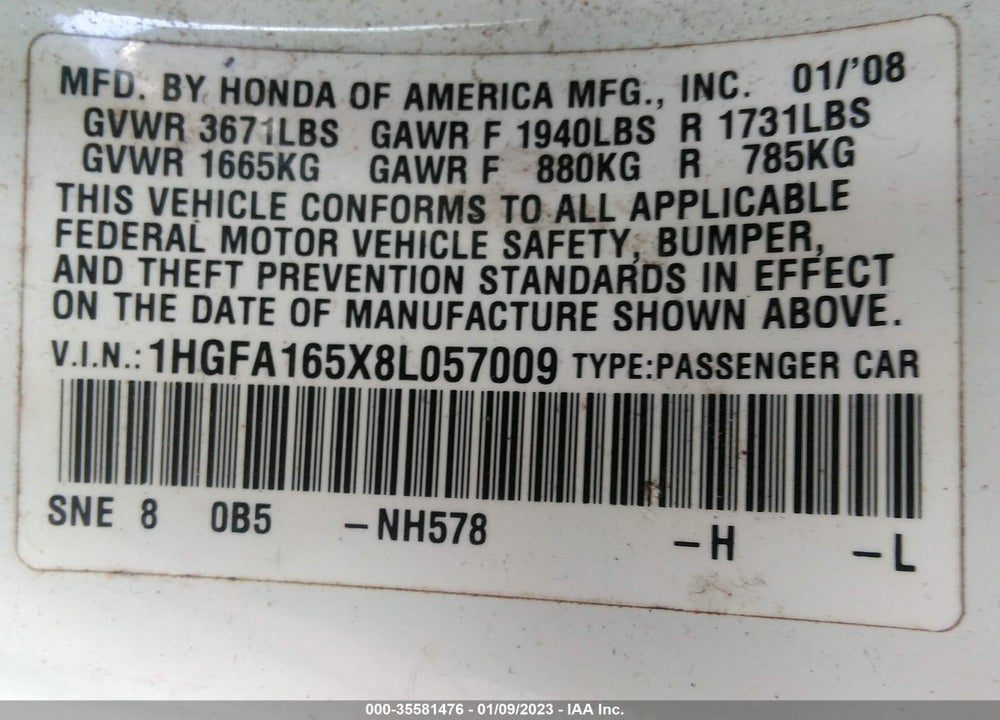2008 HONDA CIVIC LX VIN: 1HGFA165X8L057009