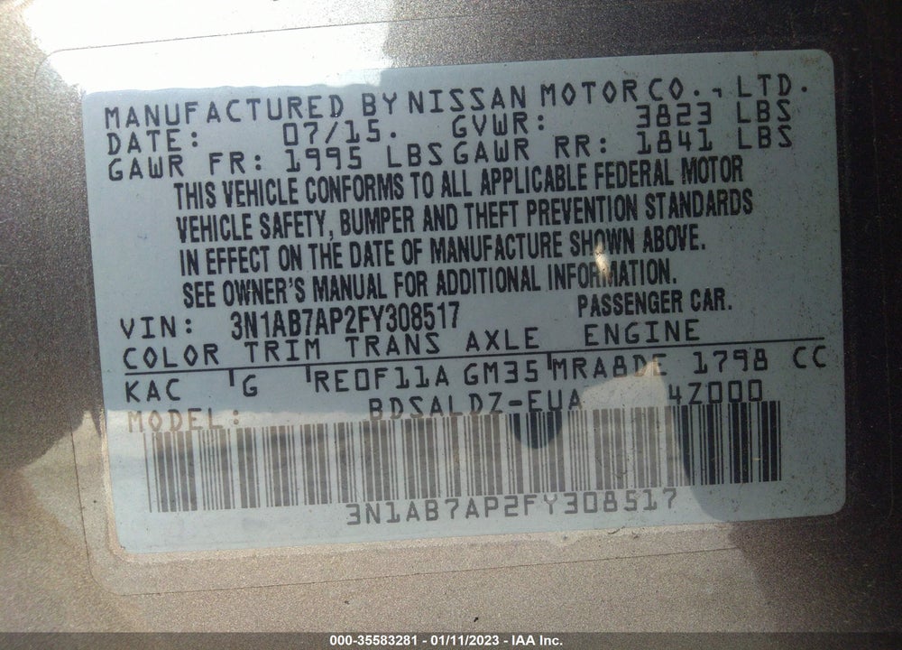 2015 NISSAN SENTRA SV VIN: 3N1AB7AP2FY308517