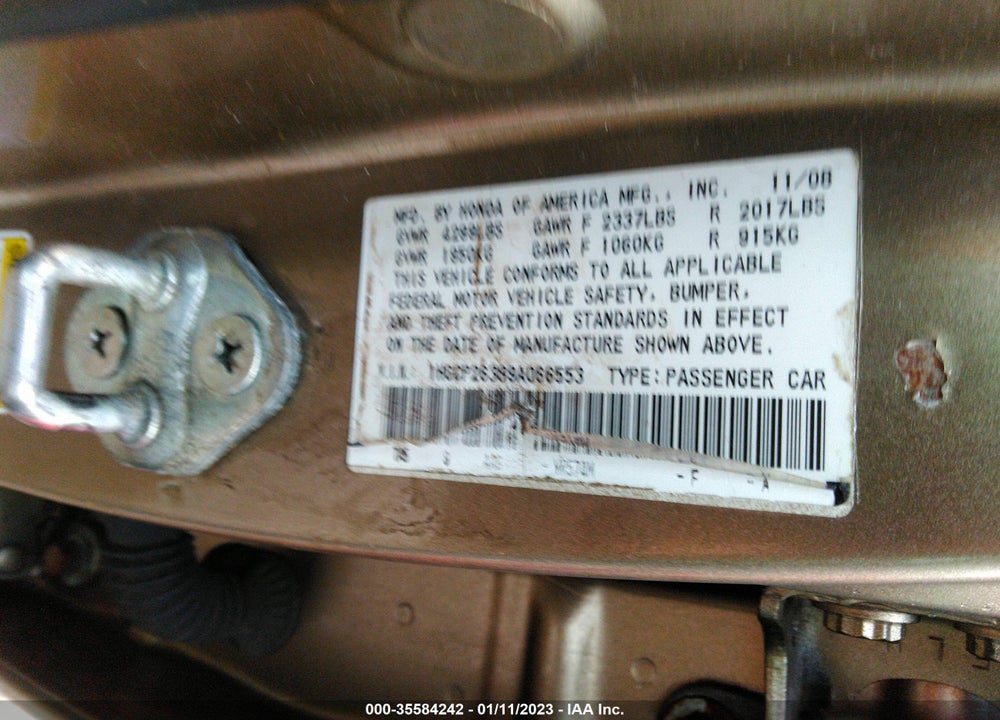 2009 HONDA ACCORD 2.4 LX VIN: 1HGCP26389A066553