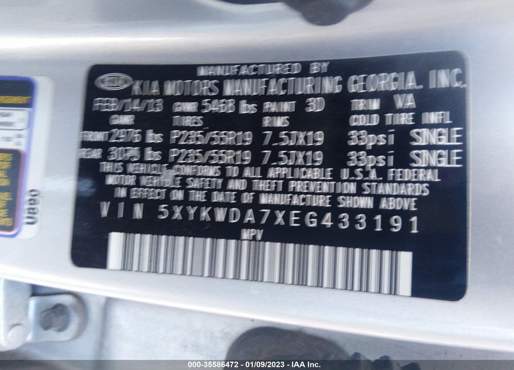 2014 KIA SORENTO SX V6 VIN: 5XYKWDA7XEG433191