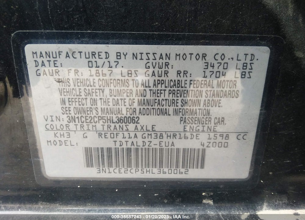 2017 NISSAN VERSA NOTE SV VIN: 3N1CE2CP5HL360062