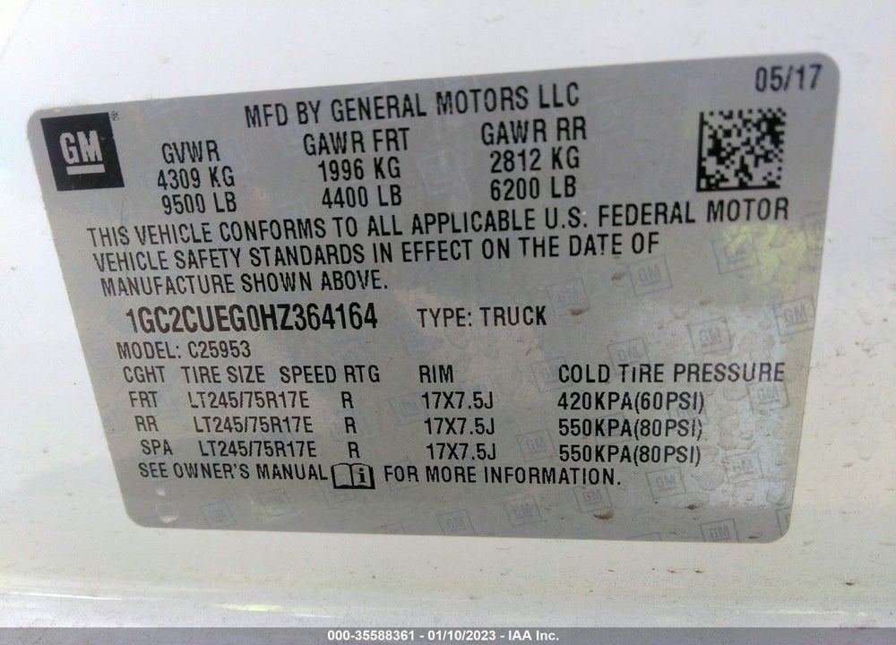 2017 CHEVROLET SILVERADO 2500HD WT VIN: 1GC2CUEG0HZ364164