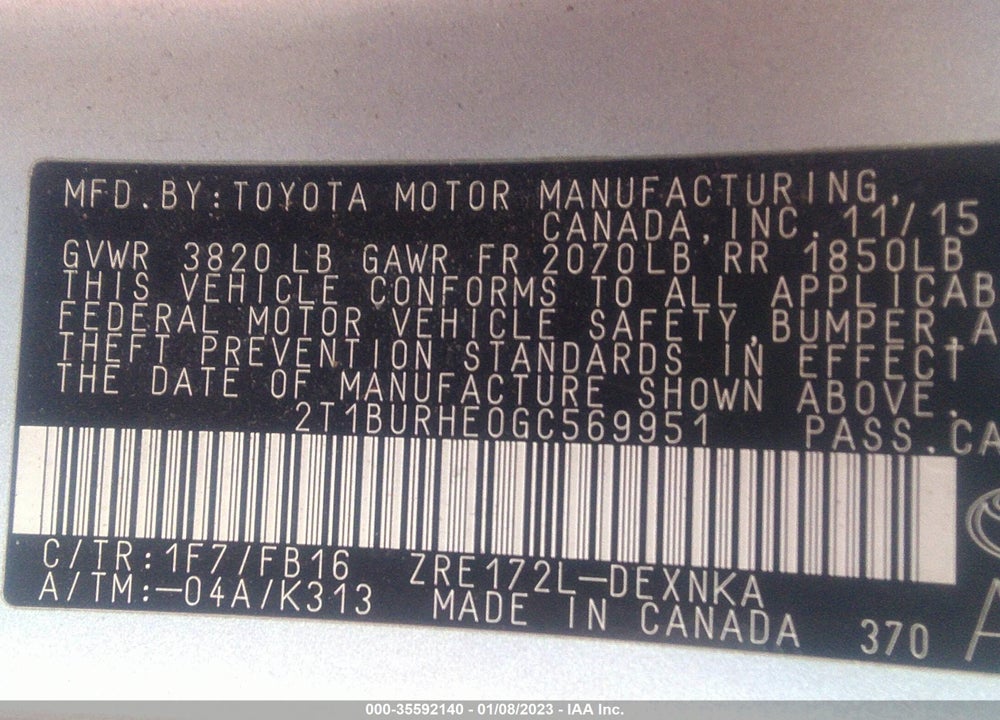 2016 TOYOTA COROLLA VIN: 2T1BURHE0GC569951