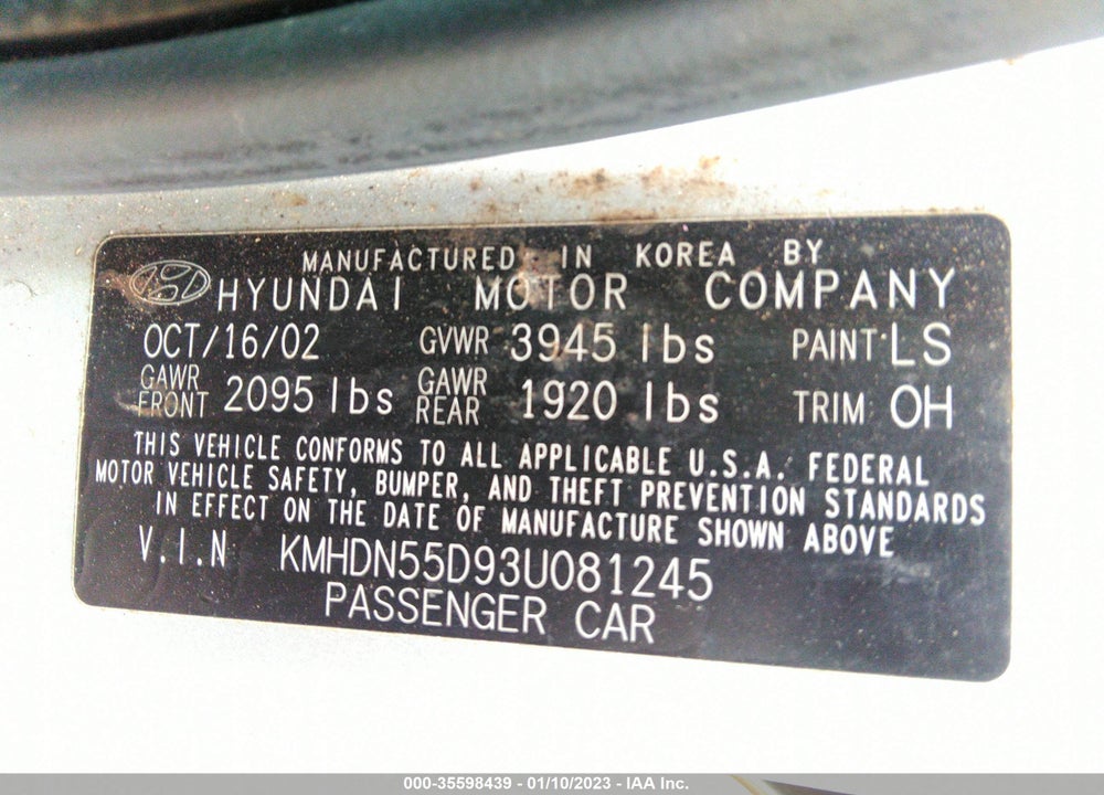 2003 HYUNDAI ELANTRA GT VIN: KMHDN55D93U081245