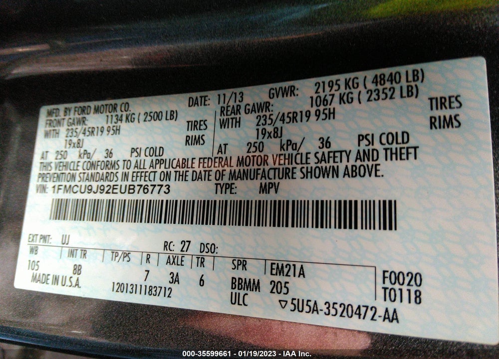 2014 FORD ESCAPE TITANIUM VIN: 1FMCU9J92EUB76773