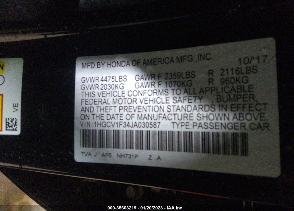 2018 HONDA ACCORD SPORT VIN: 1HGCV1F34JA030587