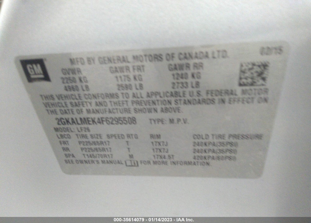 2015 GMC TERRAIN SLE-1 VIN: 2GKALMEK4F6295508