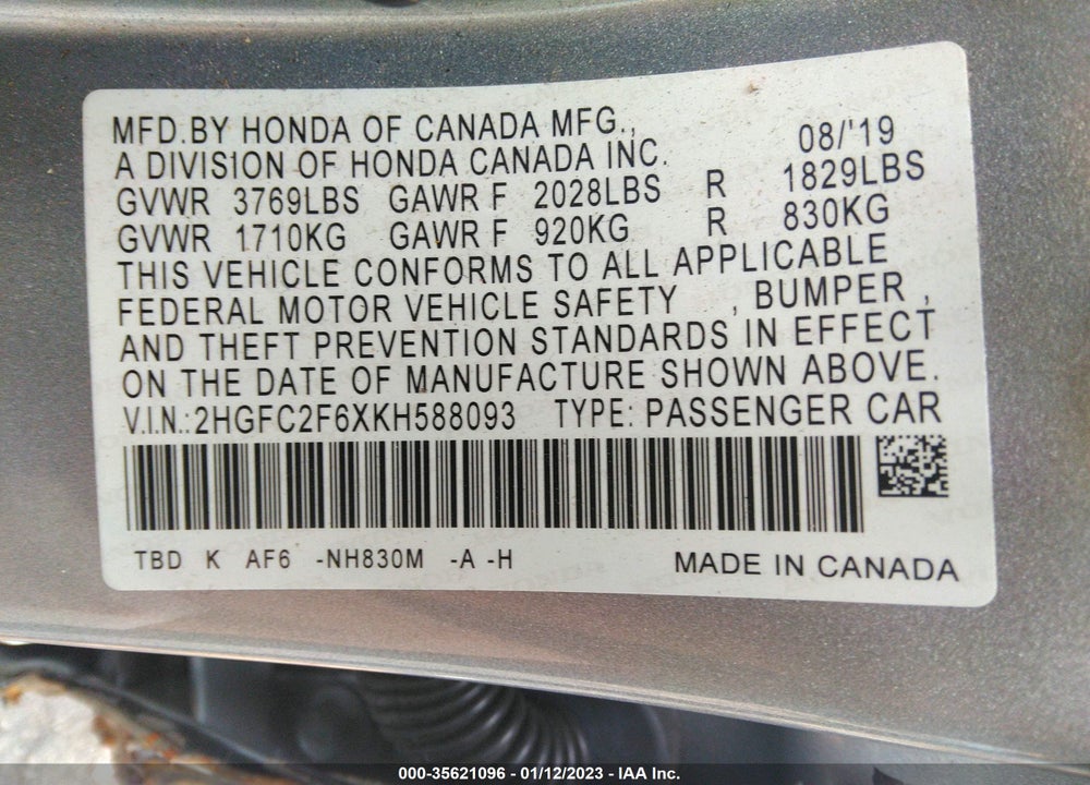 2019 HONDA CIVIC LX VIN: 2HGFC2F6XKH588093