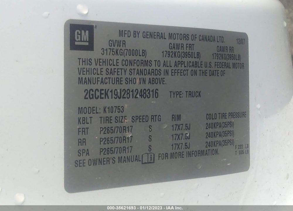2008 CHEVROLET SILVERADO 1500 LT1 VIN: 2GCEK19J281248316