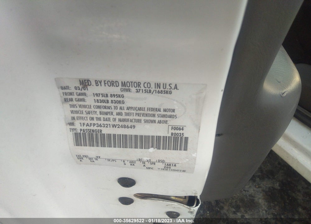 2001 FORD FOCUS SE STREET EDITION/SE VIN: 1FAFP36321W248649